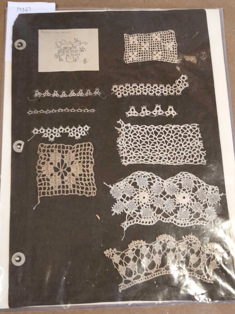 Item #14327 Crochet from India article plusTen (10) lace samples pasted on stiff card Basket for Sachet , et al. Marion Wire.