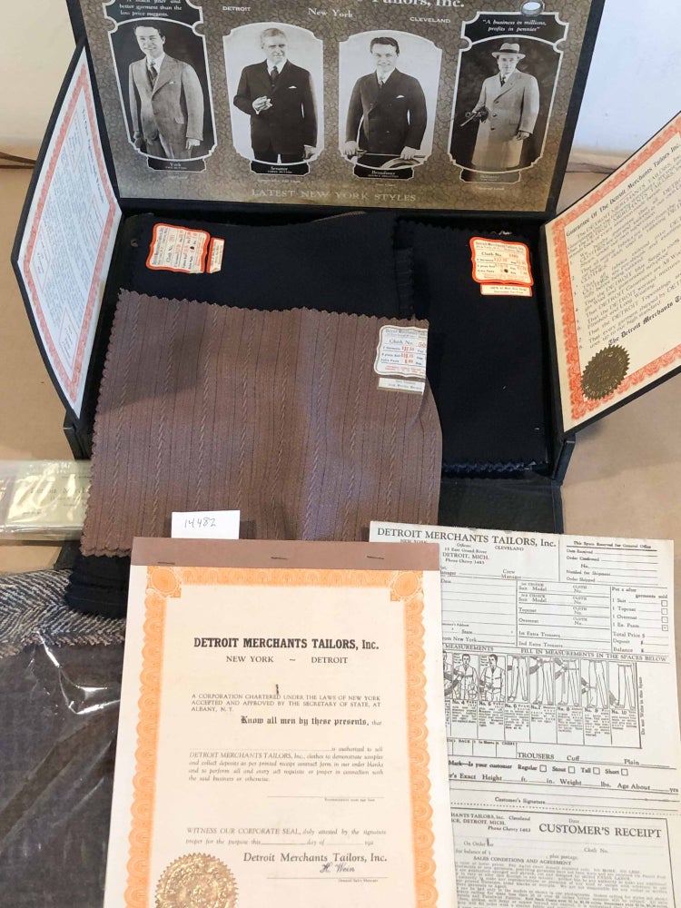 Item #14482 Detroit Merchants Tailors Traveling Salesman's case with sample and order forms. Weinstein.