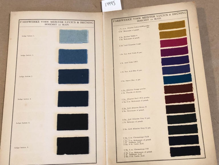 Item #14495 Incomplete Sample book of Dyed Wool loose Indigo bottom Alizarine colours of Farbwerke Vorm. Meister Lucius & Bruning. Meister Lucius, Bruning.