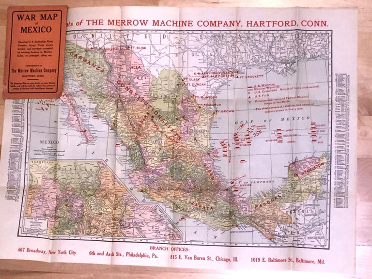 Item #3188 War Map of Mexico showing U. S. Battleship Fleet, Frontier Army Posts along Border, and Territory occupied by warring factions in Mexico. Merrow Machine Company.
