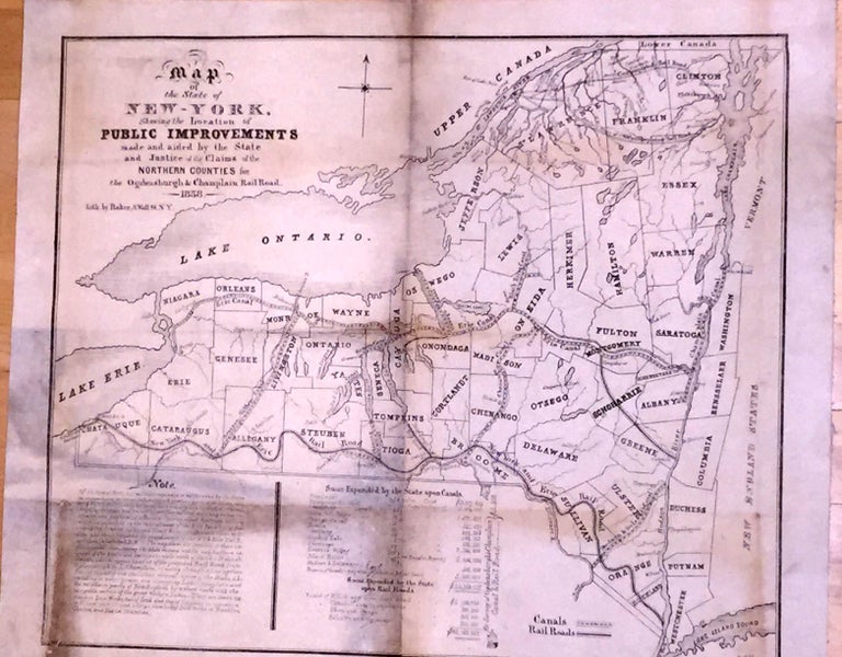 Item #3197 Map of the State of New York Showing the Location of Public Improvements made and aided by the State and Justice of the Claims of the Northern Counties for the Ogdenburgh & Champlain Rail Road 1838. Baker.