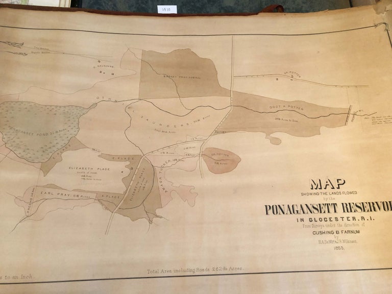 Item #3830 Map Showing the Lands Flowed by the Ponagansett Reservoir in Glocester, R. I. (1855). Cushing, Farnum, surveyors.