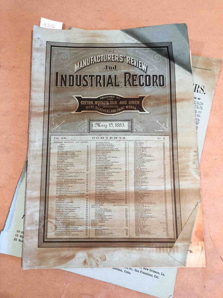 Item #4312 The Manufacturers' Review and Industrial Record a Monthly Journal Devoted to the Cotton, Woolen, Silk, and Linen Industries. Vol. XVI no. 5 May 15 1883. J. M. Peters, ed.