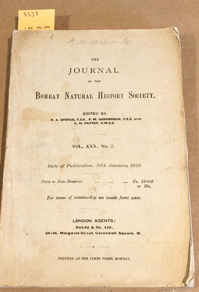 Item #5355 The Journal of the Bombay Natural History Society Vol. XXX Nos. 2 (1 issues). R. A. Spence, P. M., Sanderson, S. H. Prater, eds.