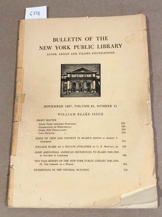 Item #6358 William Blake Issue Bulletin of the New York Public Library November 1957 Vol. 61,...