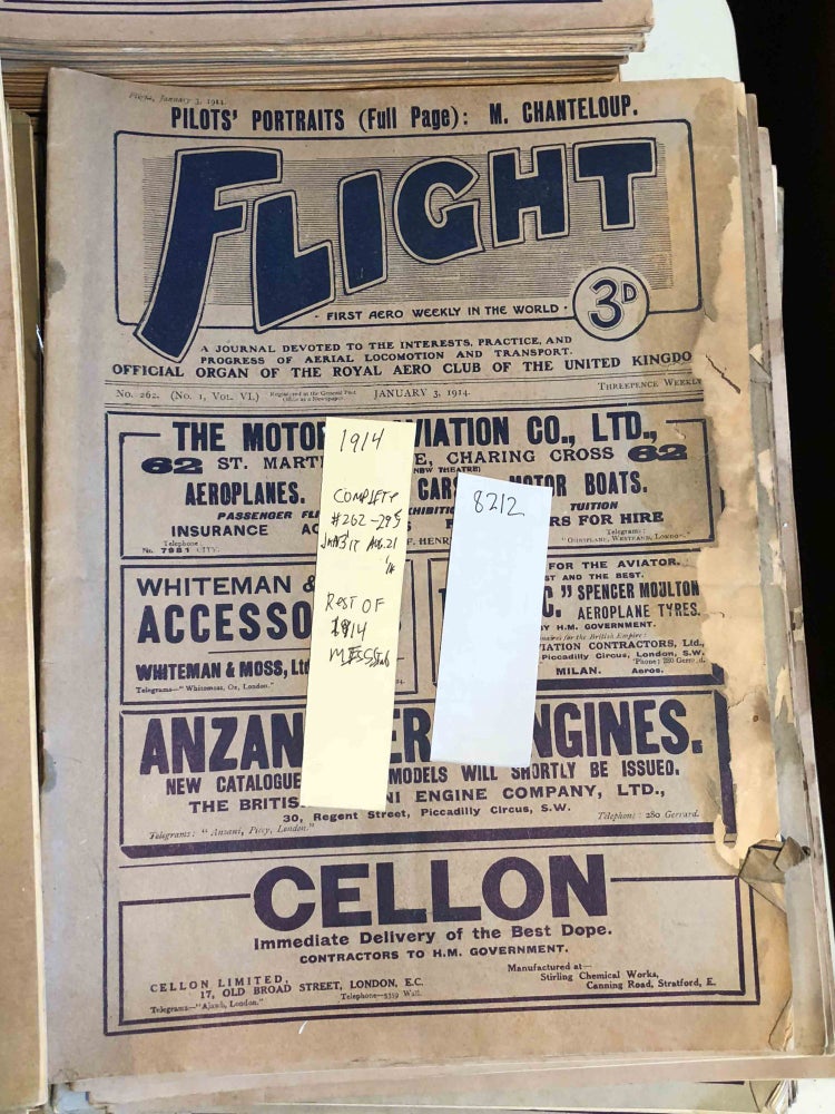 Item #8212 FLIGHT A Journal Devoted to the Interests, Practice, and Progress of Aerial Locomotion and Transport (Jan. - Aug. 21, 1914 34 issues - issues after Aug. 21 missing from year)