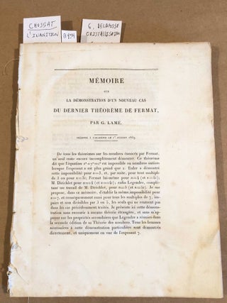 Item #8454 Memoire sur La Demonstration D'un Nouveau Cas Du Dernier Theoreme De Fermat (Lame) and...