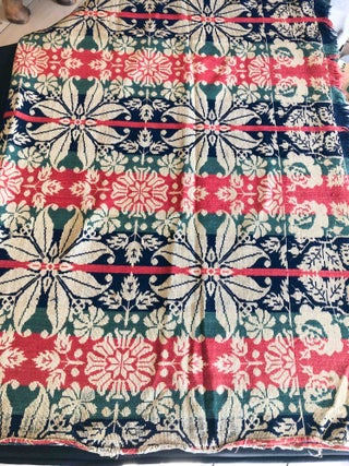 American Coverlet ca 76x 86" - " E. Ettinger & Co Aaronsburg Centre County 1851" red, blue, green on beige