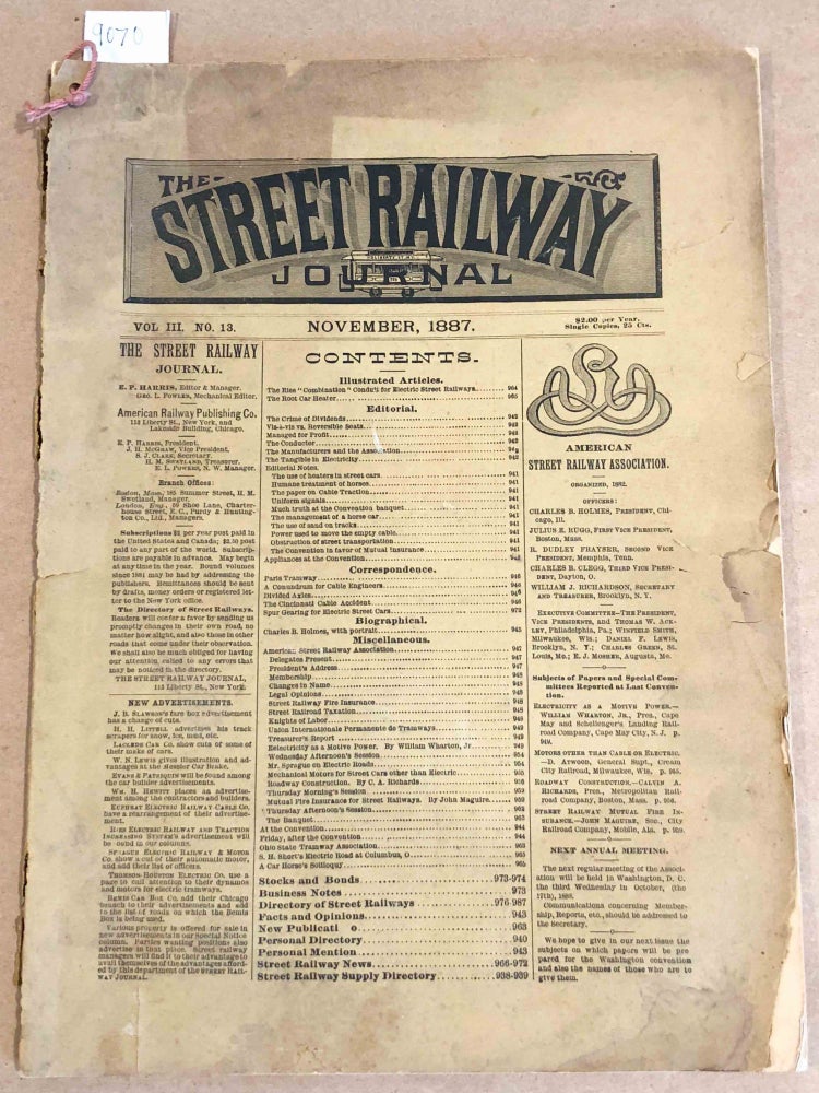 Item #9070 The Street Railway Journal (Vol. III no. 13, Nov. , 1887). E. P. Harris, ed.